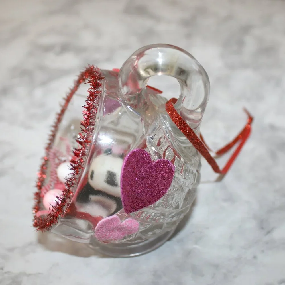 HAND CRAFTED Valentines Day Panda Bear Decor Ornament Table Upcycled Cup Red